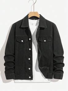 SHEIN 青少年男孩时尚休闲 Y2K 复古酷炫街头返校学院风基础款简约街头白色人像图案黑色牛仔翻领长袖外套，适合儿童穿着，柔软舒适，适合日常穿着，也适合儿童秋冬季锐舞派对、节日和街头服饰。