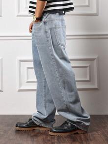 SUMWON Casual Wide Leg Jeans Relaxed Fit Baggy Denim Pants Classic Straight Cut Loose Fit Streetwear Fall Winter Fashion Plain - Blue - View 4