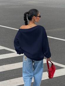 SHEIN EZwear Navy Blue Oversized Oblique Shoulder Thermal Lined Women Sweatshirt, Autumn/Winter - Navy Blue - View 2