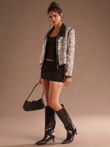 SHEIN Glamour 女式黑白粗花呢夹克，配 PU 皮革饰边，宽松休闲时尚派对外套 - 黑與白 - 查看 4