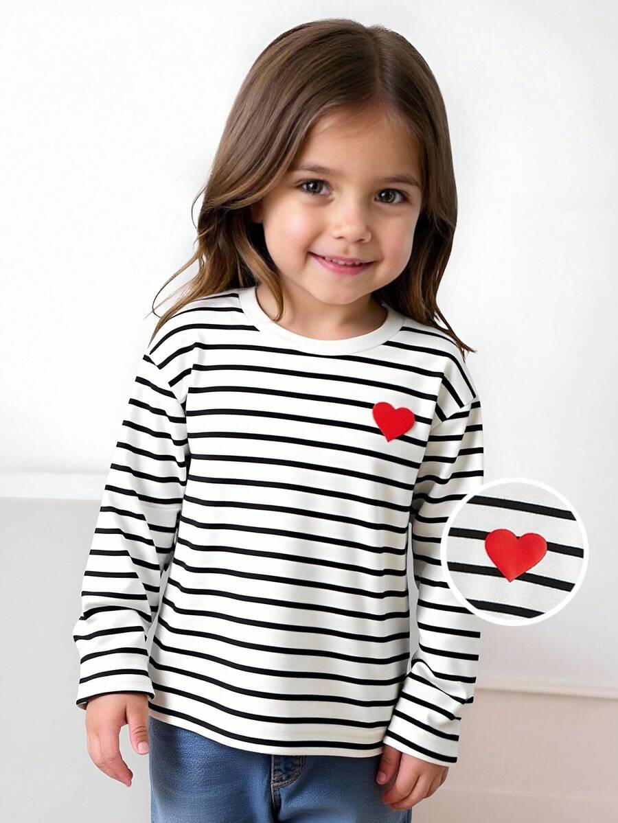 Maija Kids Maija Kids 少女圆领条纹心形图案 T 恤 - 黑與白 - 查看 1
