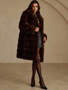 GENKIRA New Fashionable Minimalist Versatile Luxurious Slim Fit High-End Design Faux Fur Knee-Length Jacket For Women - Brown - View 3