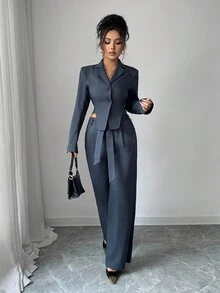 Elenzga 女士优雅办公室通勤装，高端舌形下摆，性感镂空设计，深灰色长袖西装外套和裤子，百搭西装两件套，秋冬 - 深灰色 - 查看 5