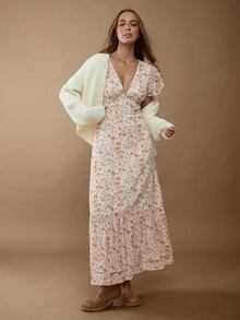 WESTFADE Floral Print Chiffon V Neck Flutter Sleeve Tiered Ruffle Maxi Dress – Cute Fall Autumn Winter Spring Summer Long Dress, Cottagecore Farmhouse Country Style, Western Chic Nashville Country Concert Outfit, Boho Wedding Guest, Bridal Shower, Outdoor Festival, Ranch, Cowgirl Dress, Midwest Fashion Casual Wear For Women - Yellow - View 4