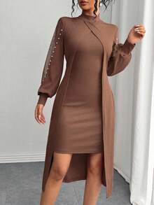 SHEIN Clasi 女式优雅圆领网眼拼接泡泡装饰长袖连衣裙超长款女装 - 棕色 - 查看 5