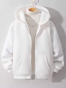 Teens' Solid Black Hooded Zip-Up Sweatshirt, Suitable For Casual & Sports Wear Fall Winter - White - View 1