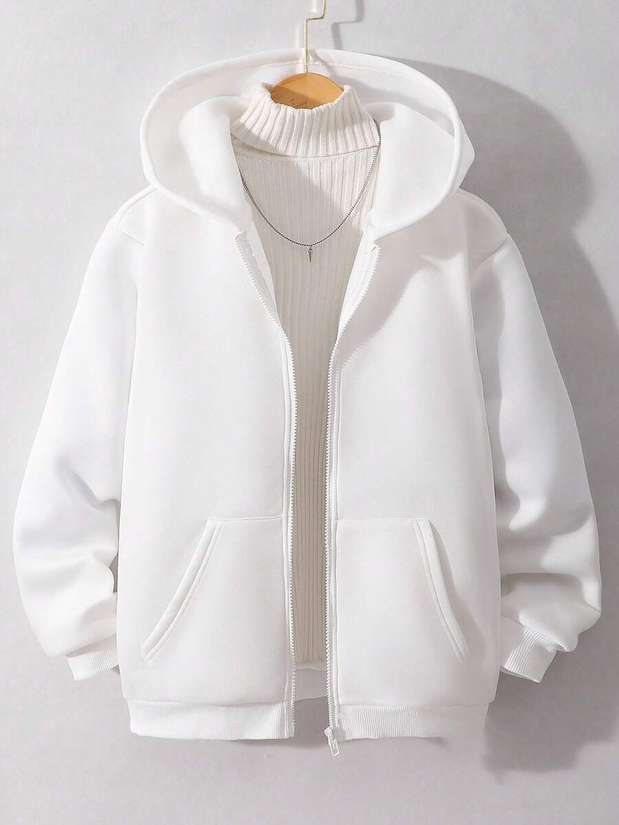 Teens' Solid Black Hooded Zip-Up Sweatshirt, Suitable For Casual & Sports Wear Fall Winter - White - View 1
