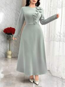 Modelyn Elegante abito a-line con decorazione floreale 3D per donna - Verde grigio - Visualizzare 3