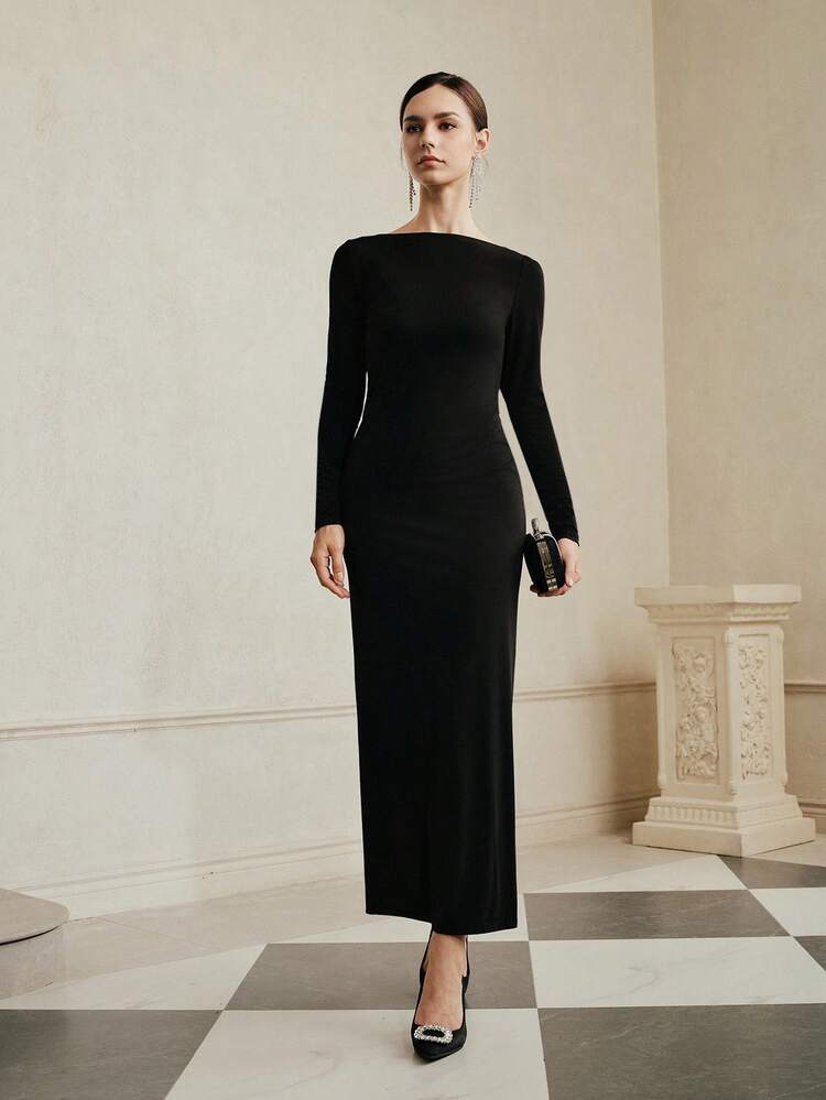 Sexy Backless Hollow-Out Rhinestone Chain Decor Long Sleeve Bodycon Party Dress For Women