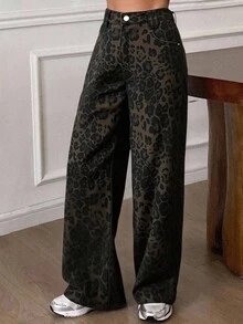 Livesso Jeans casuales de talle alto con estampado de leopardo para mujer, otoño - Marrón - Ver 6