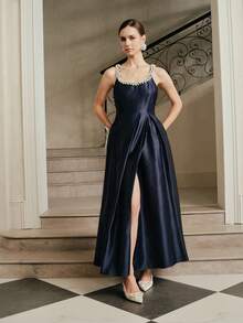 Anewsta 性感露背连衣裙，配珍珠丝带肩带，适合毕业典礼、派对和都市时尚 - 藏蓝色 - 查看 6