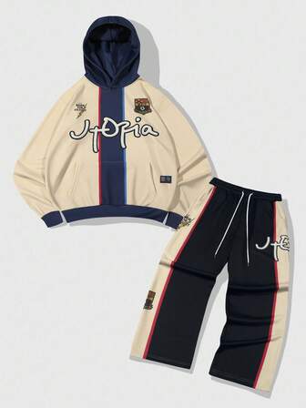 Street Life Men's Preppy Hoodie And Straight Leg Pants Set, Fall Clothes