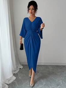 Elenzga 优雅针织高弹力蝙蝠袖V领扭纹设计中长款女连衣裙 - 藏蓝色 - 查看 4