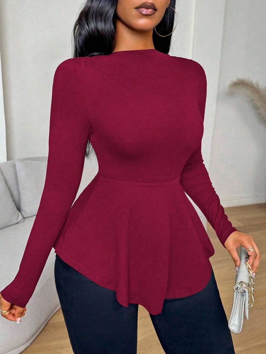 VaVaBold Camiseta de mujer de manga larga con ajuste ceñido y volante en el bajo, color negro sólido, para otoño, con vuelo - Burdeos - Ver 1