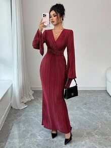 Elenzga 褶皱 V 领交叉系带喇叭袖鱼尾连衣裙 - 酒紅色 - 查看 3