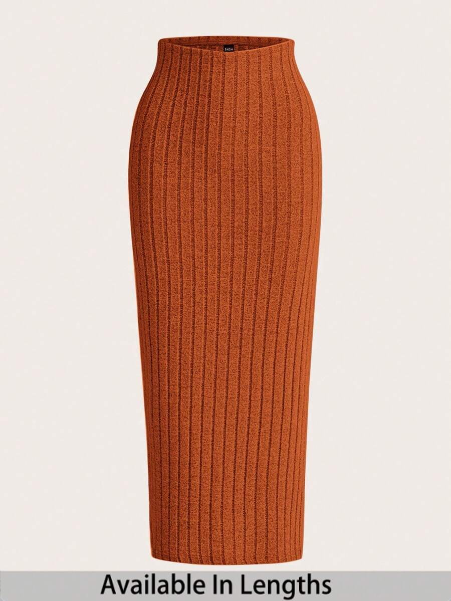 SHEIN Tall CURVE 大码女式纯色罗纹针织铅笔裙 - 鏽棕色 - 查看 1