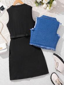 SHEIN Tween Girls' Black Denim Vest & Knitted Dress Two Pieces Set With A Bag