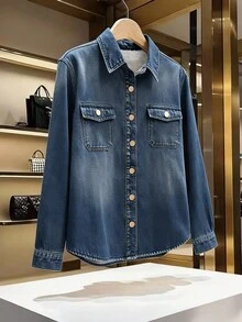 GlowEve 女士休闲时尚街头风翻盖口袋牛仔夹克，春秋季 - 中等水洗藍 - 查看 1