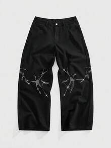 ROMWE MEN Street Life Men's Rhinestone Embellished Pocket Wide Leg Loose Casual Jeans, Grunge - Black - View 7