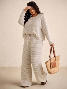 Elaquor Plus Size Striped Long Sleeve Top And Pants Two Pieces Casual Vacation Set Clothes For Women Spring