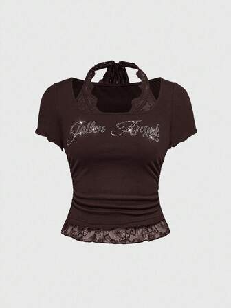 Grunge Punk Punk Bro Letter Rhinestone & Lace Patchwork Slim Fit Crew Neck Women T-Shirt