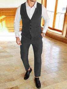 Manfinity Mode Men's Single-Breasted Casual Sleeveless Waistcoat And Suit Pants Business Formal Set - Dark Grey - View 5