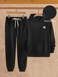 Manfinity NXTstreet 男士休闲针织保暖修身连帽卫衣和抽绳腰裤套装（2件套），秋冬服装 - 黑色 - 查看 6