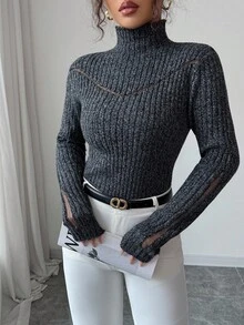 SHEIN Elenzya 女士时尚优雅立领长袖精致毛衣 - 深灰色 - 查看 1