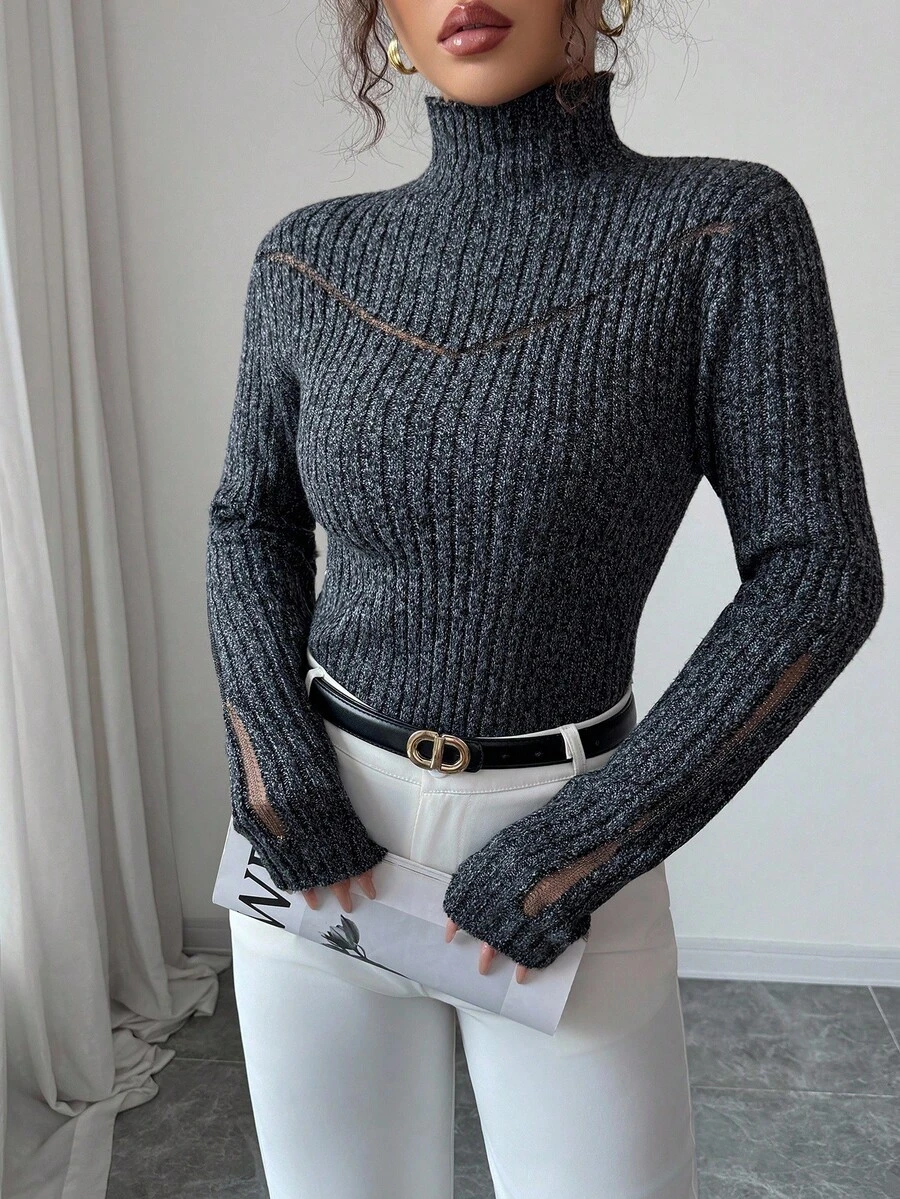 SHEIN Elenzya 女士时尚优雅立领长袖精致毛衣 - 深灰色 - 查看 1