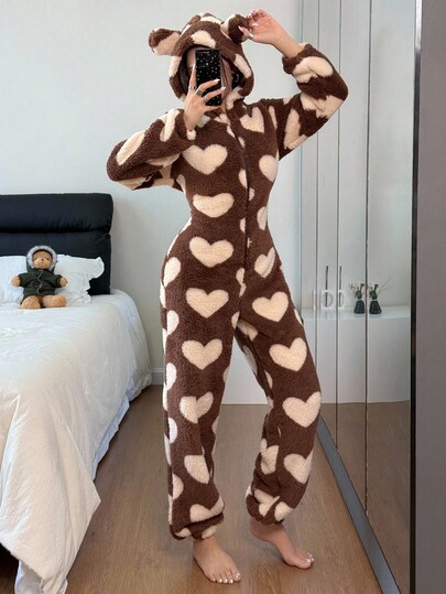 Dream Adore Tuta con cappuccio in pelliccia con decorazione a cuore per donna, adatta per autunno e inverno