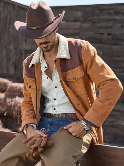 Manfinity Nomadique Chaqueta larga de estilo retro americano, casual y de negocios, con elástico e imitación de gamuza y forro polar, de estilo lujoso, para otoño e invierno, chaqueta de gamuza marrón tipo rodeo para hombres, chaqueta estilo western