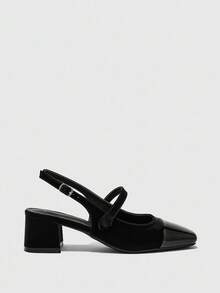 CUCCOO BIZCHIC Zapatos de tacón grueso de punta cuadrada con correa trasera, de moda, todo a juego, minimalistas y versátiles para ir al trabajo o de paseo, zapatos de tacón alto tipo mule para mujer - Negro - View 2