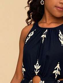 Travachic KIDS 少女黑色花卉印花镂空度假优雅连衣裙 - 黑色 - 查看 3