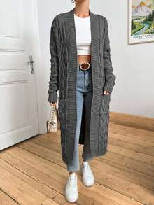 EURMUSE Cabel Pattern Patch Pocket Longline Thick Cardigan - Dark Grey - View 4