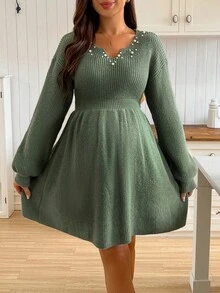 SHEIN 珍珠装饰休闲长袖收腰孕妇毛衣裙 - 墨綠色 - 查看 3