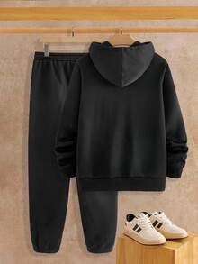 Manfinity NXTstreet 2件套男士秋冬鬼脸水钻印花连帽衫套装 - 黑色 - 查看 2