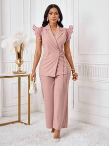 SHEIN Lady Conjunto de traje de mujer con blazer de manga con volantes rosa y pantalones elásticos de cintura elástica para otoño/invierno