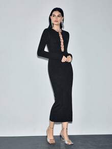 Lumivelle Rochie elegantă pentru femei, cu decor circular, scobită în scobitură, model pulover - Negru - Vizualizare 3
