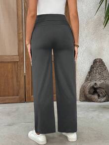 SHEIN 孕妇休闲纯色可调节腰围裤，秋季 - 深灰色 - 查看 2