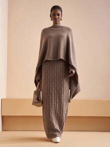 Zivah Winter New Styles, Christmas, New Year, Wedding Season, Valentine's Day, Birthday Parties, Graduation Season, Daily Outings, Basic, Versatile, Casual Vacation, Cruise Travel, Casual Elegance, Commuting, Street European Style, Simple Style, Women's Holiday Outfits, Cape, Shawl + Round-Neck Long-Sleeved, Checkered H-Shaped Long Dress, Khaki Suit, Women's Sweater Two-Piece Set - Brown - View 7