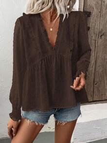 Breezaya Women's Deep V-Neck Puff Sleeve Cutout Blouse