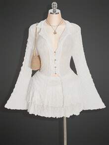 SHEIN ICON Áo xuyên thấu viền bất đối xứng PLUS (Không có áo ngực) Cỡ lớn, Bộ váy hai lớp hai mảnh, Thích hợp cho mùa thu - trắng - Xem 1