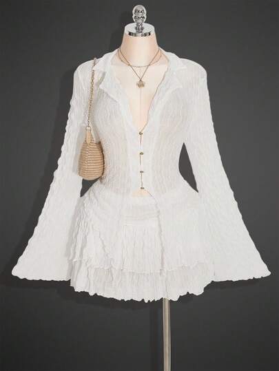 SHEIN ICON PLUS Lettuce Edge Asymmetric Hem See-Through Top (Without Bra) Plus Size, Double Layer Cake Skirt Two Pieces Set, Suitable For Autumn