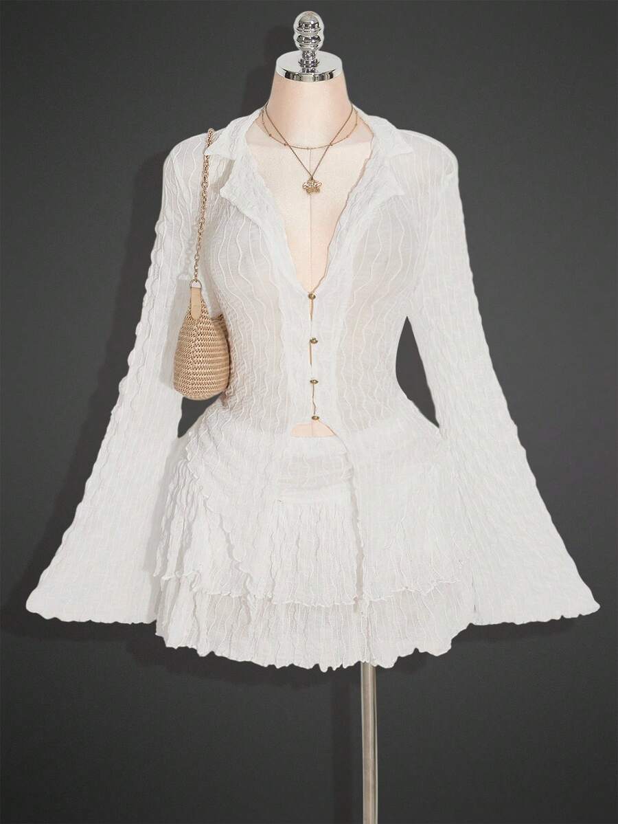 SHEIN ICON Áo xuyên thấu viền bất đối xứng PLUS (Không có áo ngực) Cỡ lớn, Bộ váy hai lớp hai mảnh, Thích hợp cho mùa thu - trắng - Xem 1