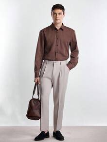 Manfinity CityGents Men's Fashion Casual Striped Print Button-Down Long Sleeve Shirt Brown Striped Shirt Men Long Sleeved Shirt Men Vintage Long Sleeved Shirt Casual Business Shirt Men Rust Color Men Shirt, Fall