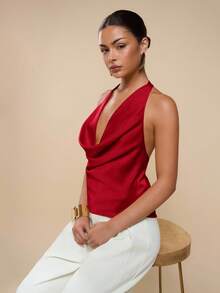 COSMINA Women's Solid Color Halter Backless Draped Sexy Camisole,Red Top - Burgundy - View 7