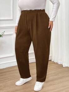 SHEIN CURVE+ Pantalones negros de talla grande para mujer con estampado de leopardo, costuras, cintura elástica y bolsillos, ropa de otoño e invierno, ropa informal y cómoda, pantalones para trabajo, ropa de maestra, pantalones para curvas, ropa de oficina, ropa casual de negocios para mujer