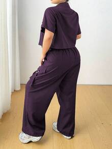 POPSWAY Plus Size Casual Utility Shirt And Pants Set With Sash - Purple - View 2