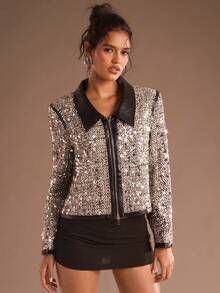 SHEIN Glamour 女式黑白粗花呢夹克，配 PU 皮革饰边，宽松休闲时尚派对外套 - 黑與白 - 查看 7