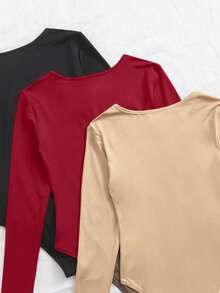 Chiquease Body femme col rond manches longues couleur unie - Rouge - Voir 2